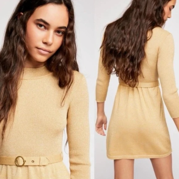 NWT Free People French Girl  Mini Dress Gold Cream Small - Picture 2 of 9